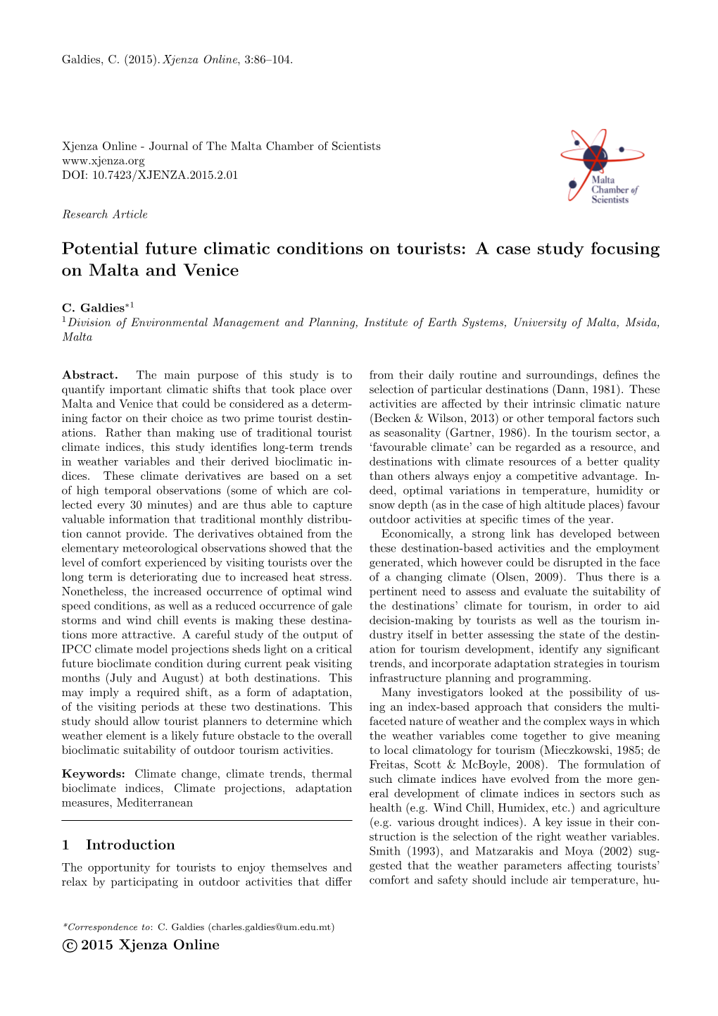 Potential Future Climatic Conditions on Tourists: a Case Study Focusing on Malta and Venice