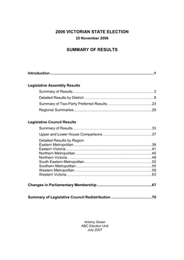 Legislative Assembly Results Summary of Results