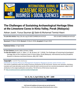 The Challenges of Sustaining Archaeological Heritage Sites at the Limestone Caves in Kinta Valley, Perak (Malaysia)