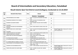 Board of Intermediate and Secondary Education, Faisalabad Result Islamic Quiz Test District Level (Colleges), Conducted on 15.10.2019