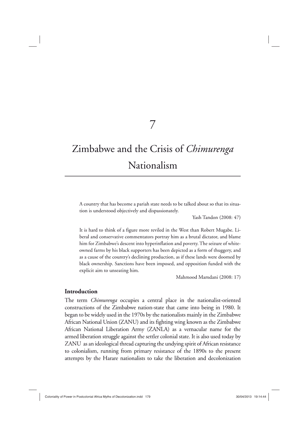 Chapter 7 : Zimbabwe and the Crisis of Chimurenga Nationalism
