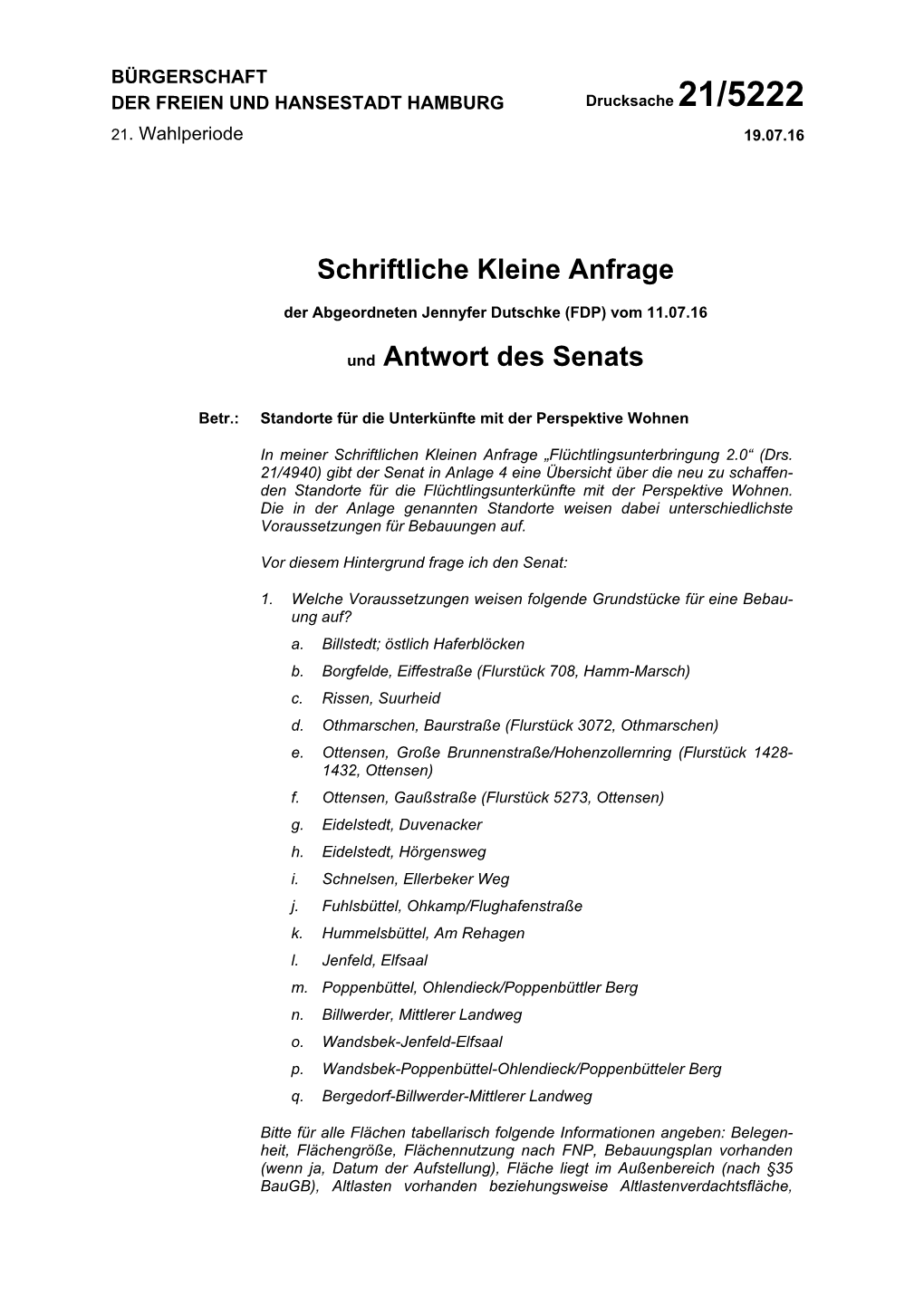 Schriftliche Kleine Anfrage Und Antwort Des Senats