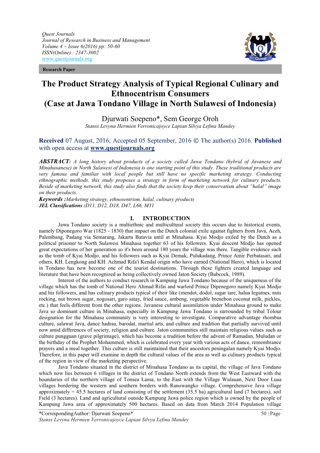 The Product Strategy Analysis of Typical Regional Culinary and Ethnocentrism Consumers (Case at Jawa Tondano Village in North Sulawesi of Indonesia)