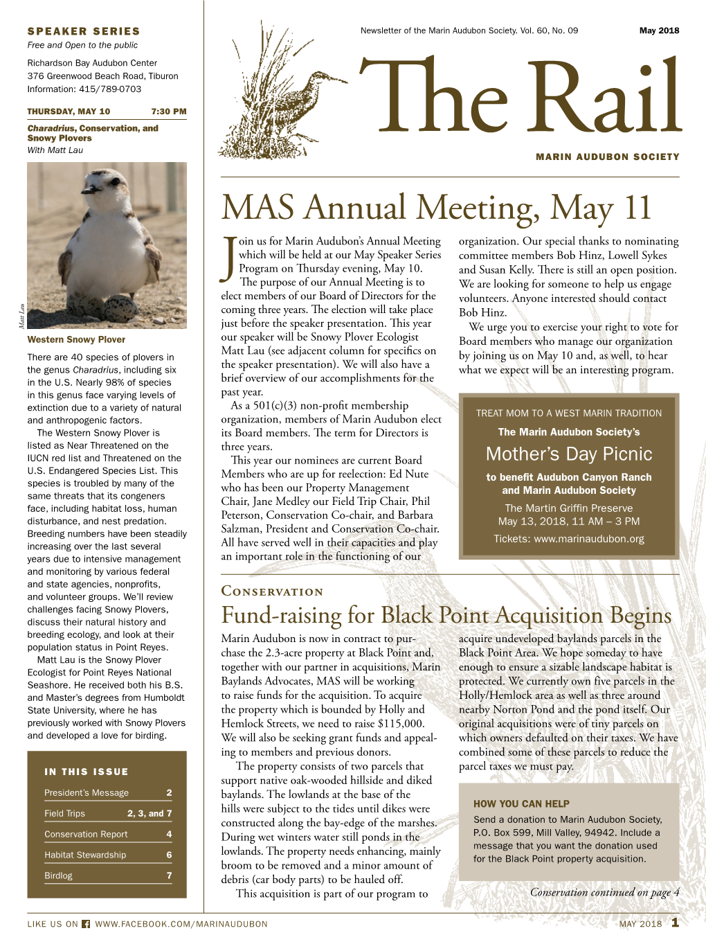 Annual Meeting, May 11 Oin Us for Marin Audubon’S Annual Meeting Organization