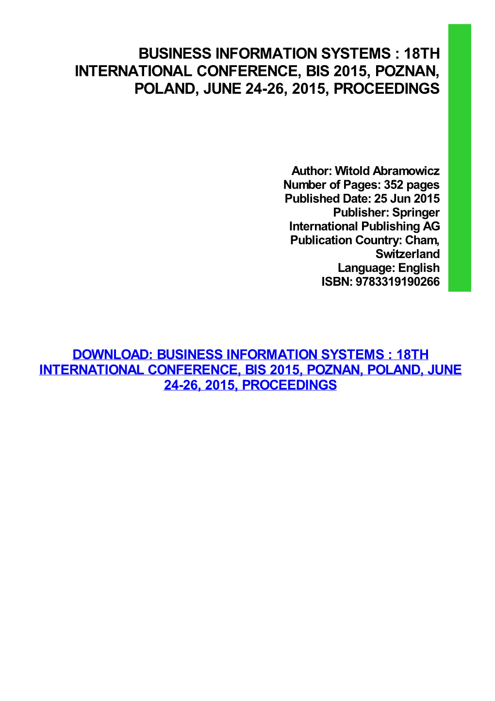 18Th International Conference, Bis 2015, Poznan, Poland, June 24-26, 2015, Proceedings