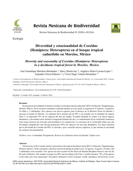 Diversidad Y Estacionalidad De Coreidae (Hemiptera: Heteroptera) En El Bosque Tropical Caducifolio En Morelos, México