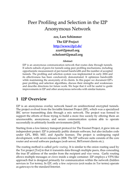 Peer Profiling and Selection in the I2P Anonymous Network