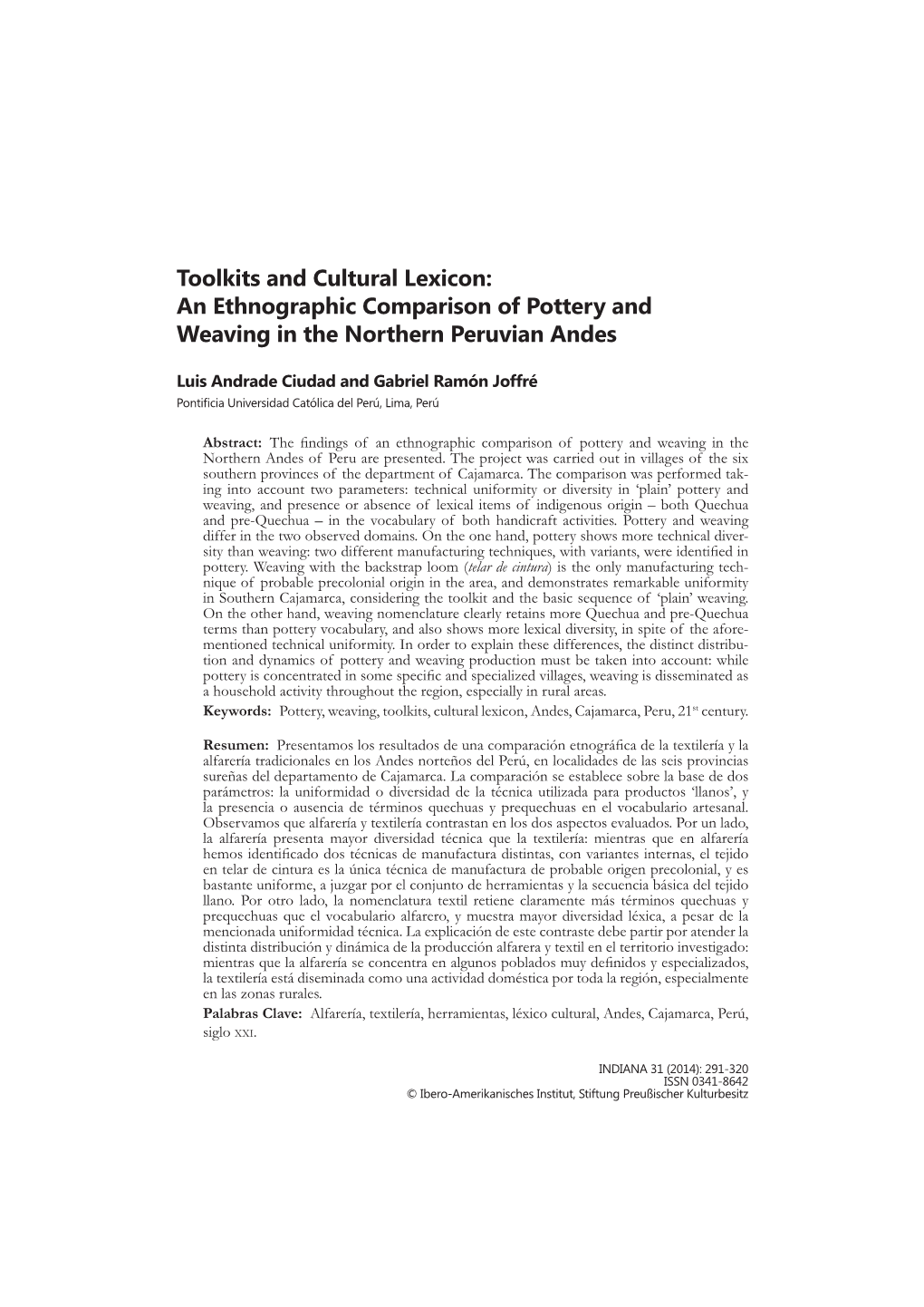 An Ethnographic Comparison of Pottery and Weaving in the Northern Peruvian Andes