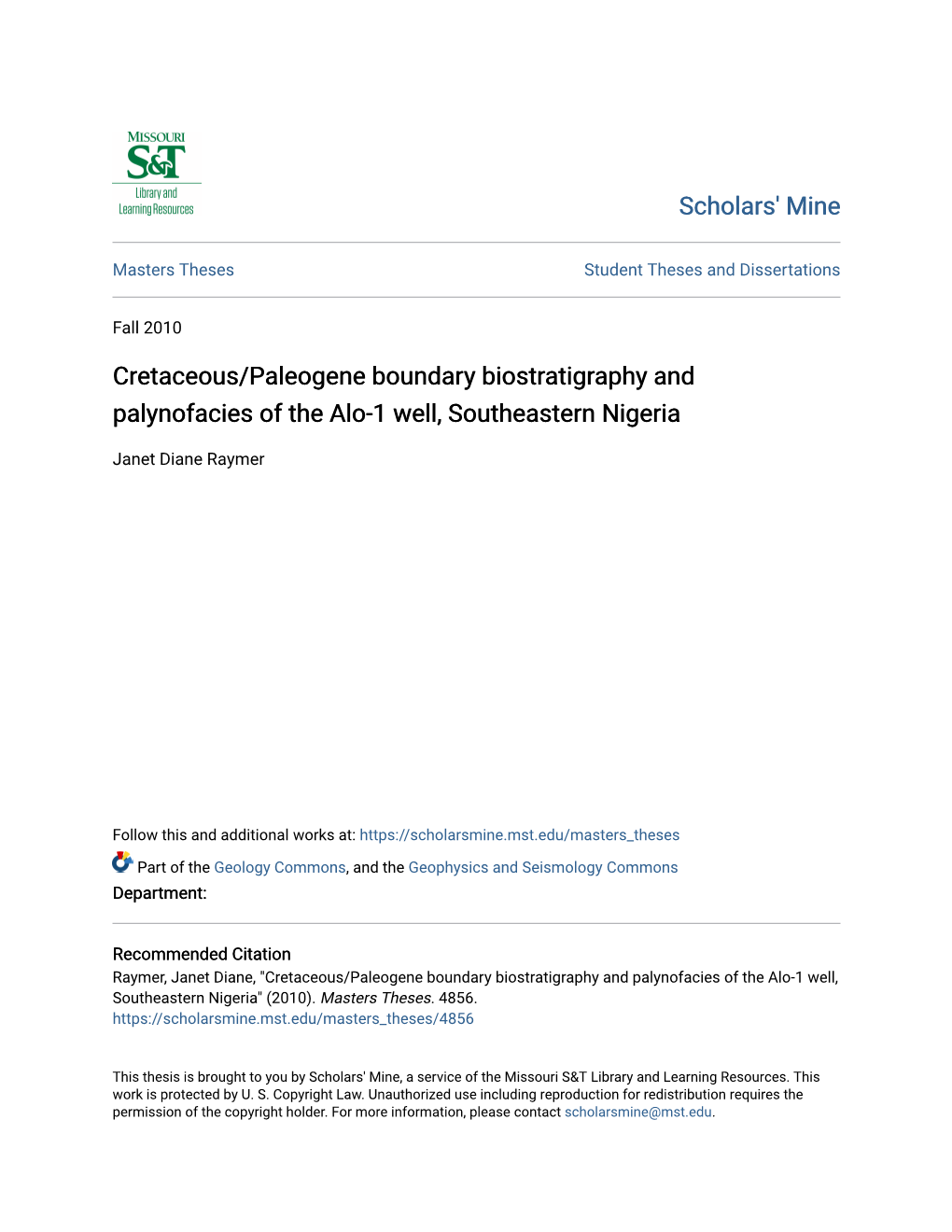 Cretaceous/Paleogene Boundary Biostratigraphy and Palynofacies of the Alo-1 Well, Southeastern Nigeria