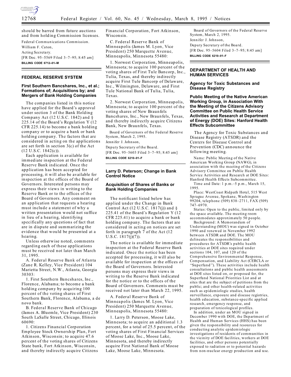 Federal Register / Vol. 60, No. 45 / Wednesday, March 8, 1995 / Notices