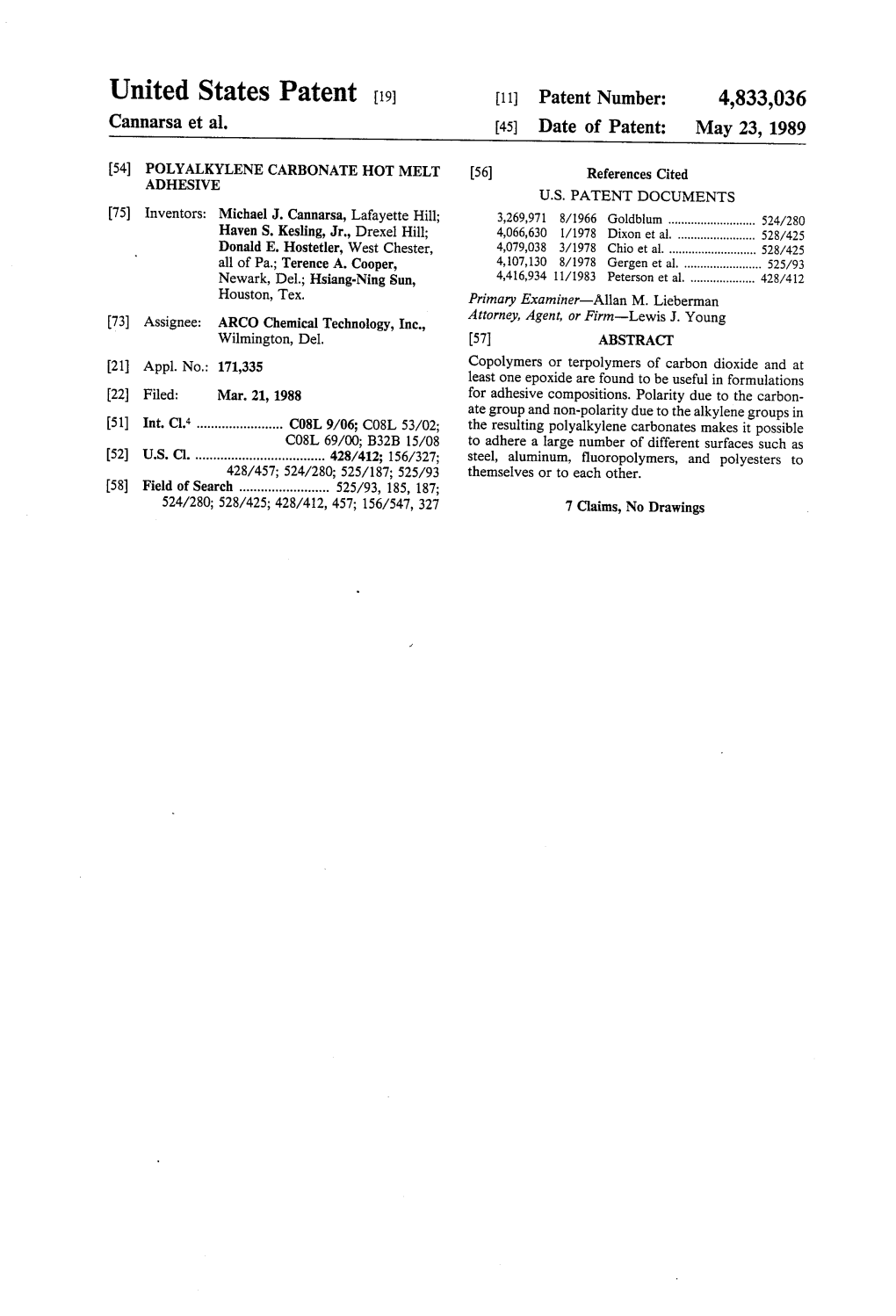 United States Patent 19 11 Patent Number: 4,833,036 Cannarsa Et Al