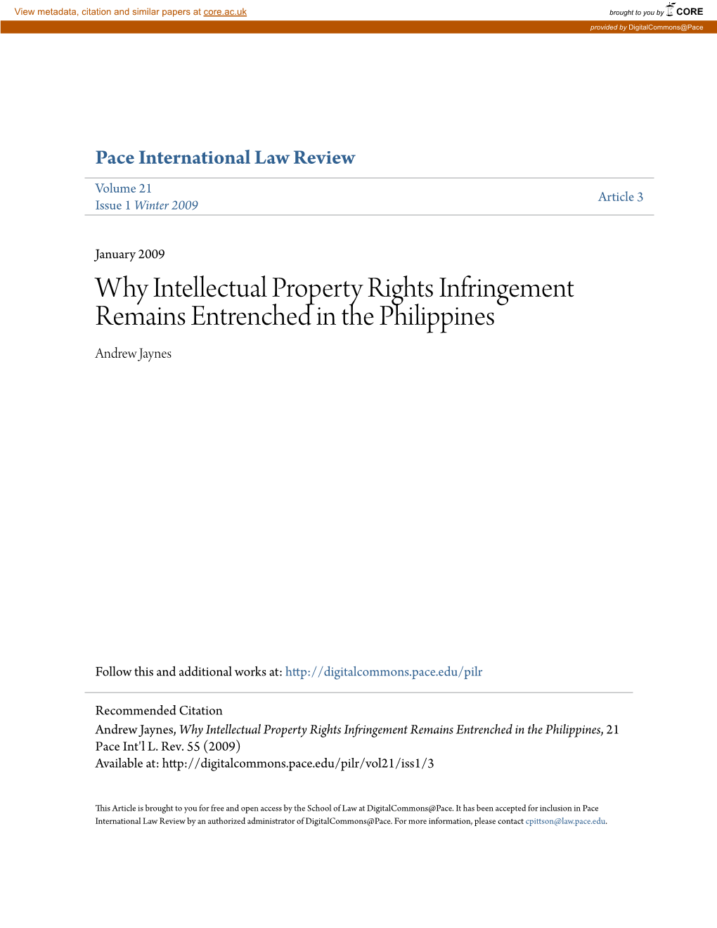 Why Intellectual Property Rights Infringement Remains Entrenched in the Philippines Andrew Jaynes