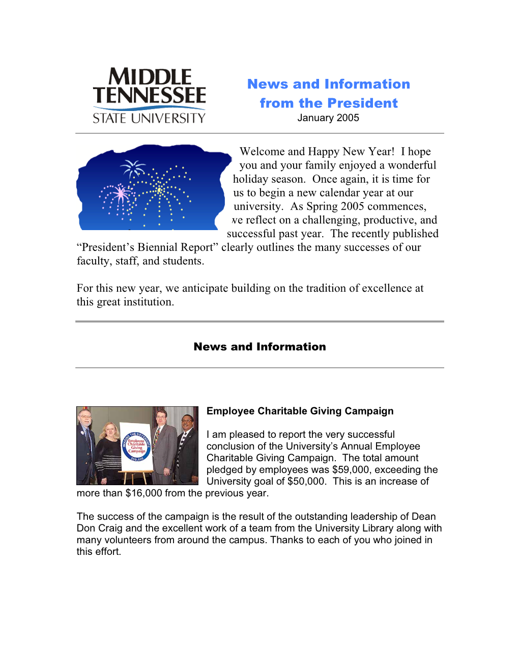 News and Information from the President January 2005