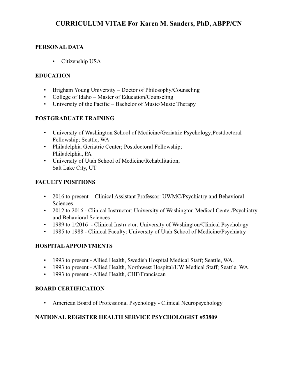 CURRICULUM VITAE for Karen M. Sanders, Phd, ABPP/CN