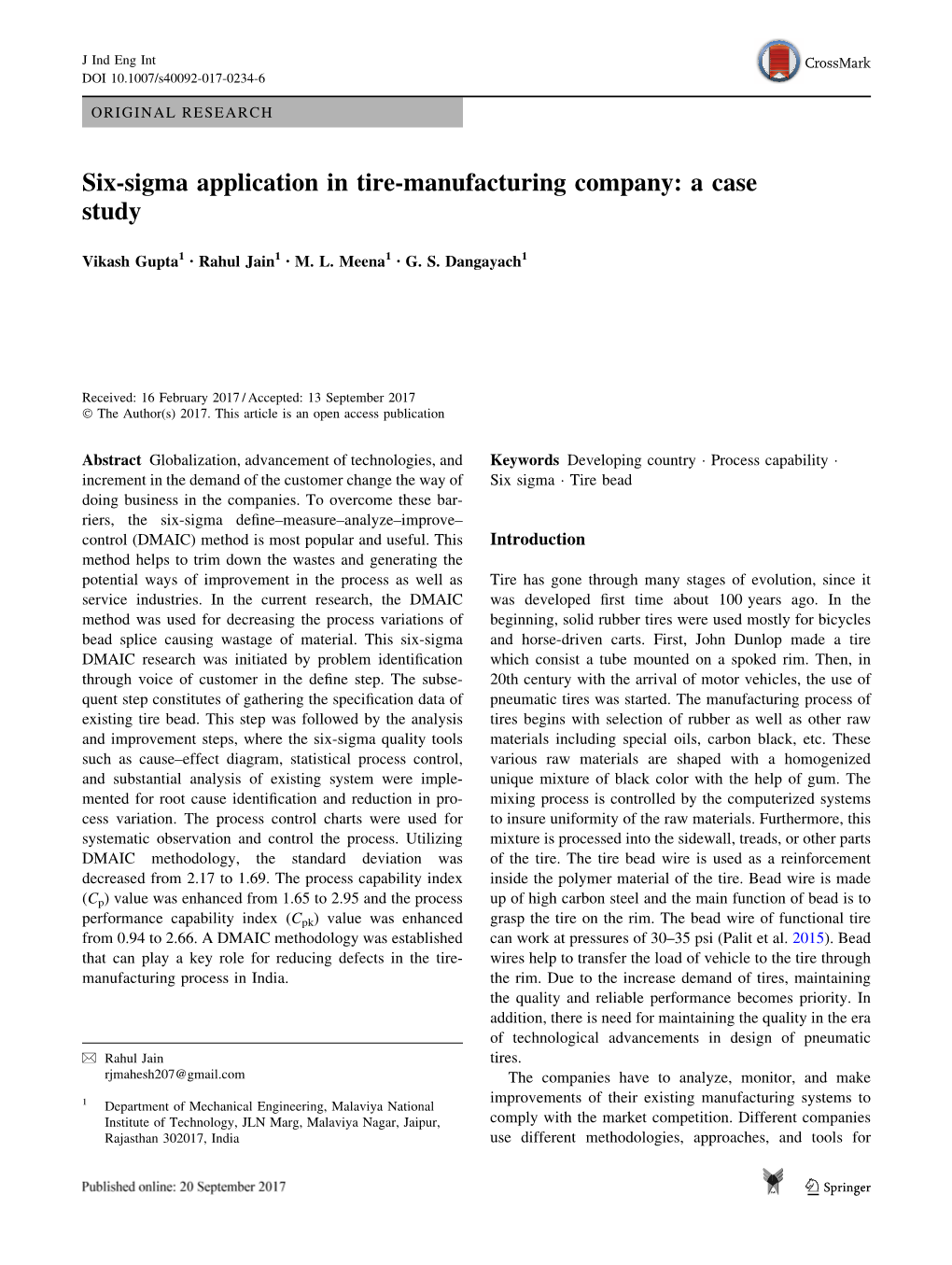 Six-Sigma Application in Tire-Manufacturing Company: a Case Study