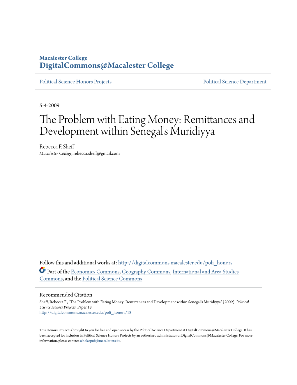The Problem with Eating Money: Remittances and Development Within Senegal's Muridiyya