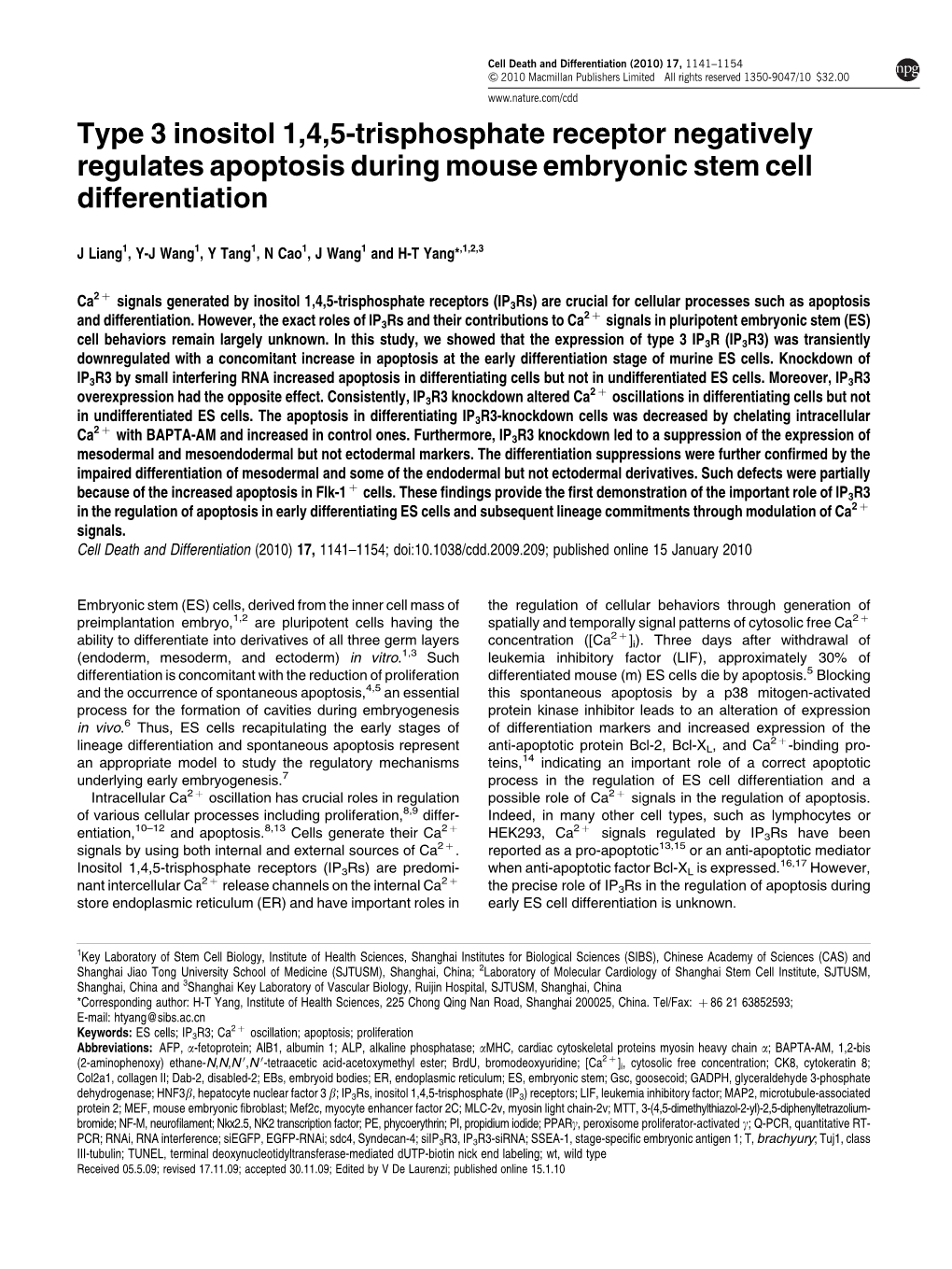 Type 3 Inositol 1,4,5-Trisphosphate Receptor Negatively Regulates Apoptosis During Mouse Embryonic Stem Cell Differentiation