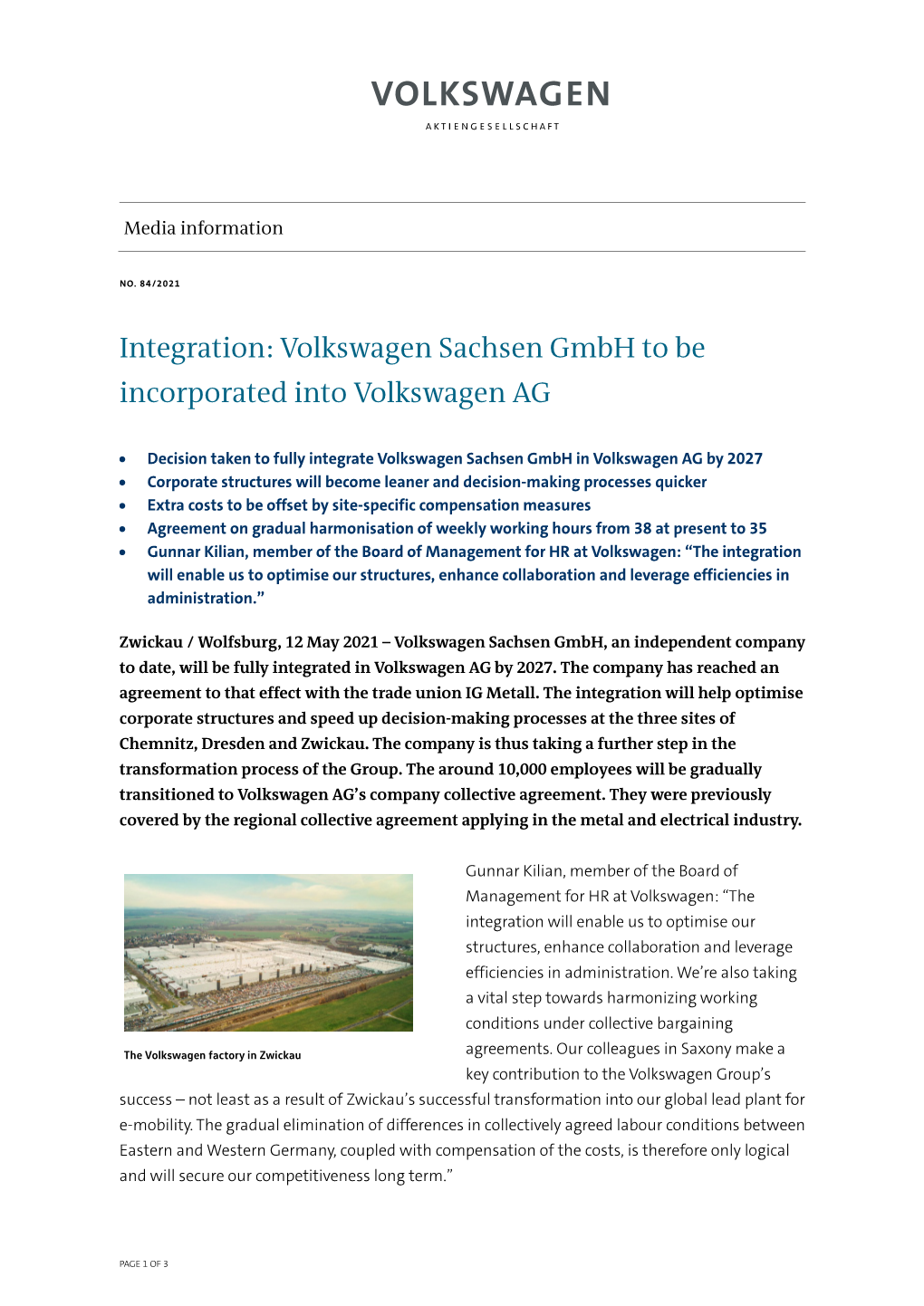 Integration: Volkswagen Sachsen Gmbh to Be Incorporated Into Volkswagen AG