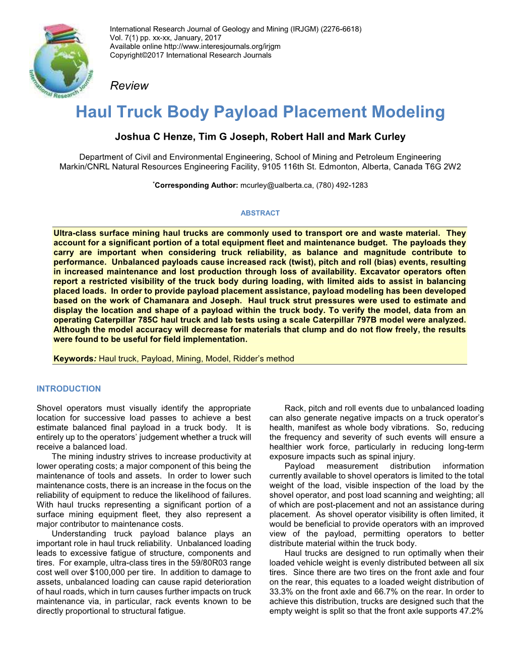 Haul Truck Body Payload Placement Modeling