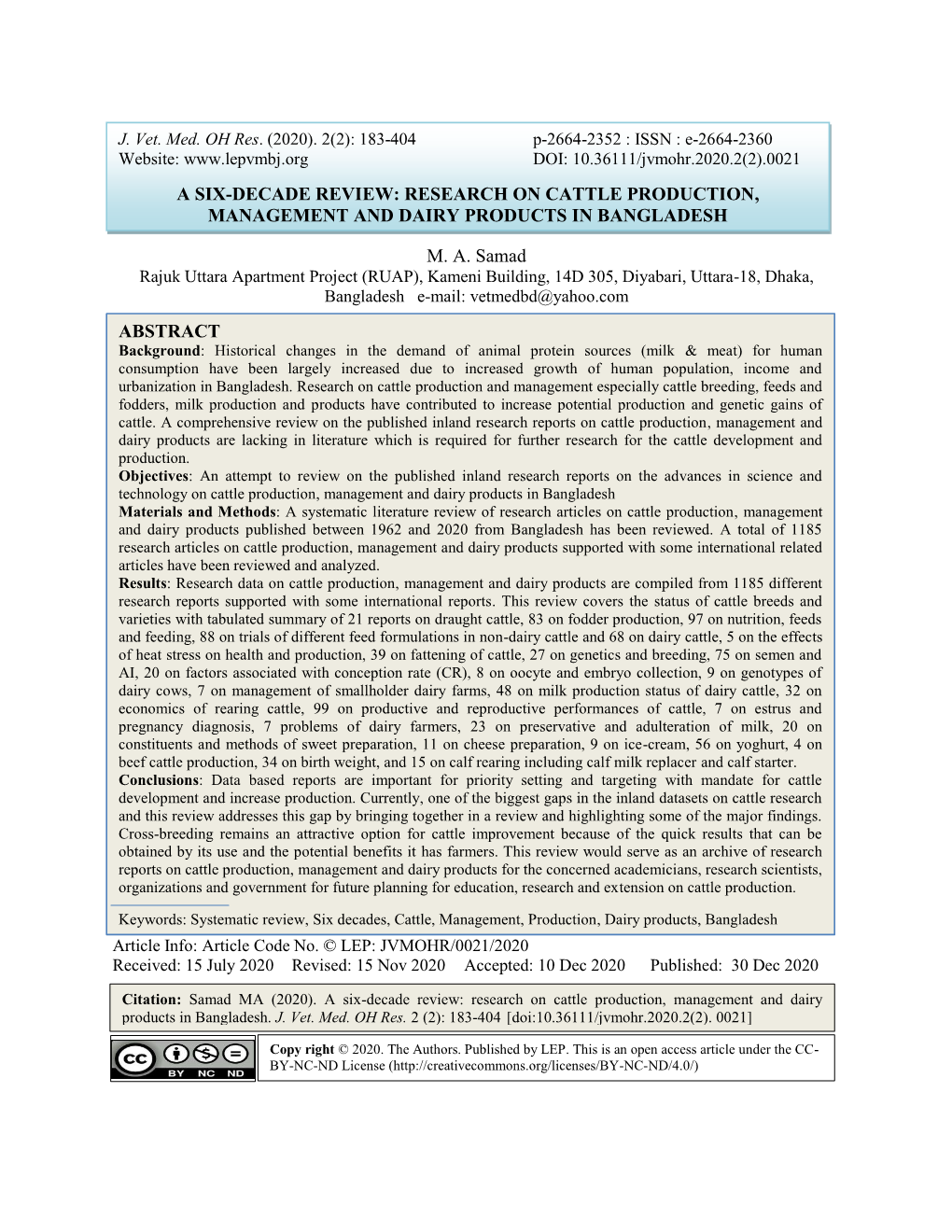 A Six-Decade Review: Research on Cattle Production, Management and Dairy Products in Bangladesh