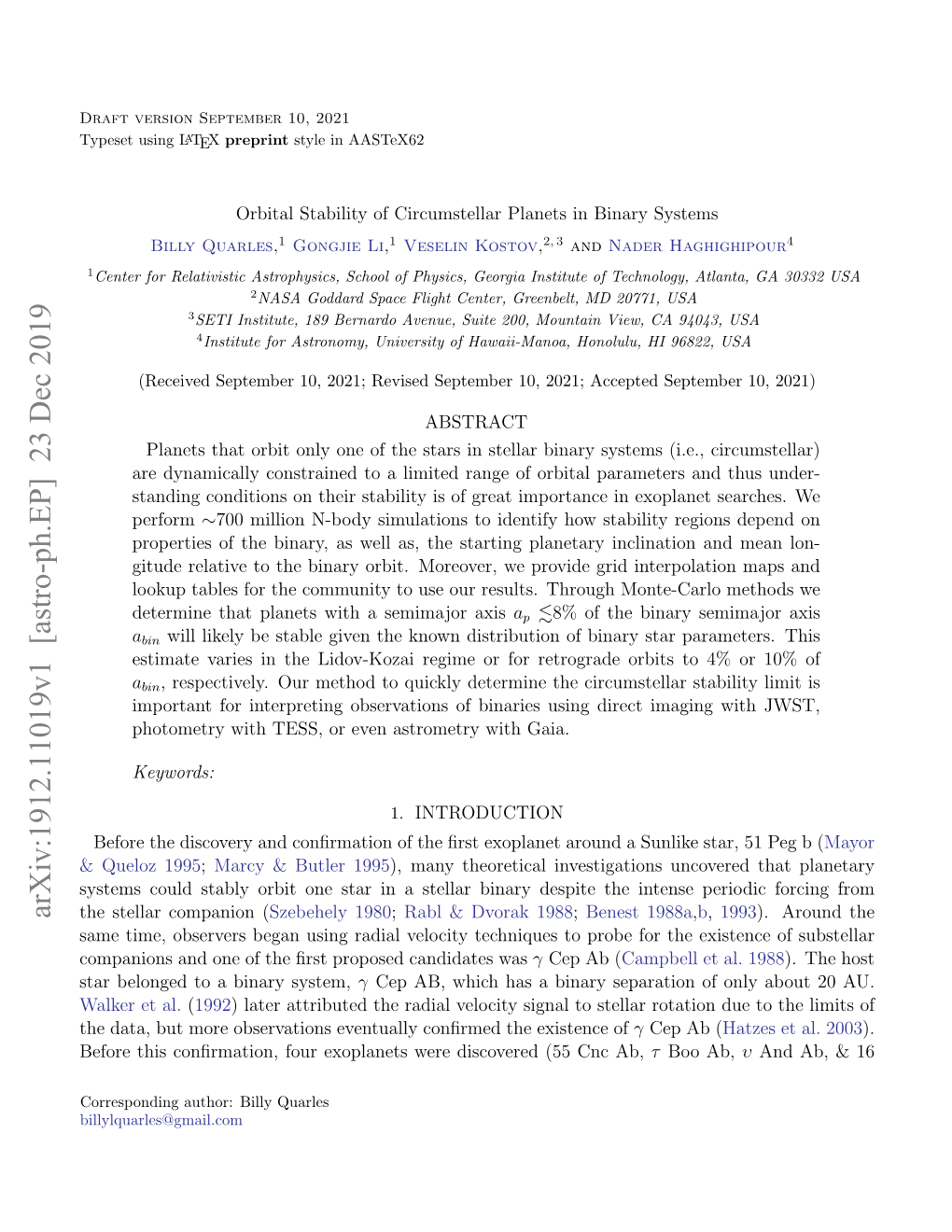 Arxiv:1912.11019V1 [Astro-Ph.EP] 23 Dec 2019 the Stellar Companion (Szebehely 1980; Rabl & Dvorak 1988; Benest 1988A,B, 1993)