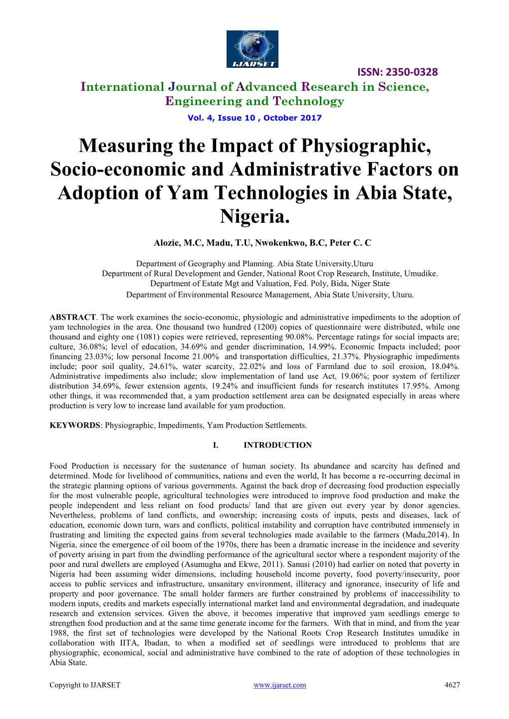 Measuring the Impact of Physiographic, Socio-Economic and Administrative Factors on Adoption of Yam Technologies in Abia State, Nigeria