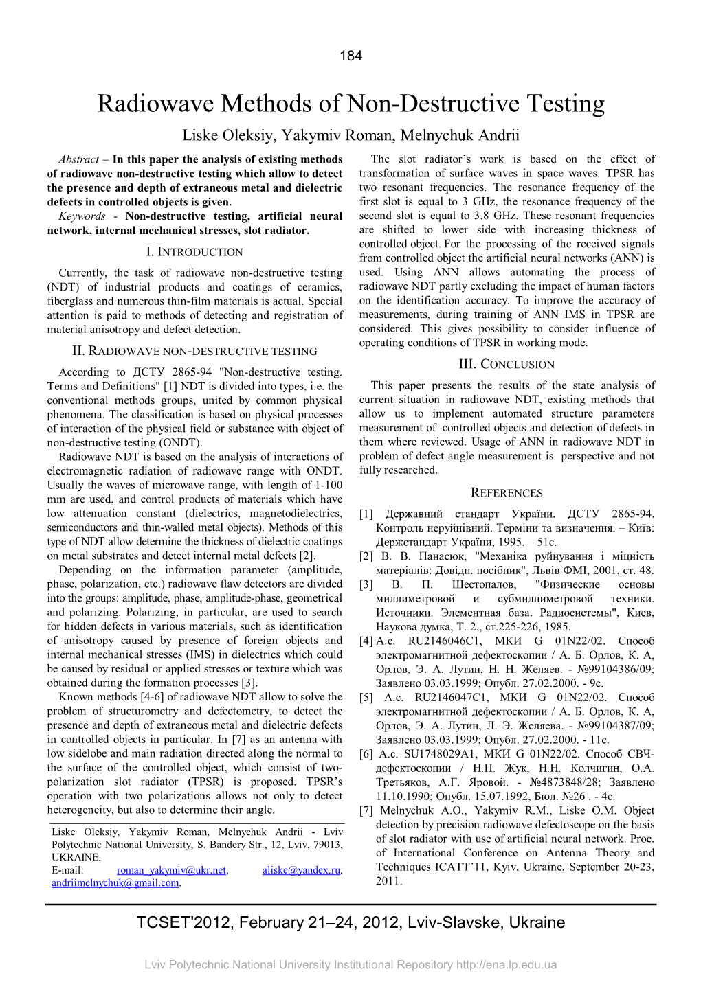 Radiowave Methods of Non-Destructive Testing