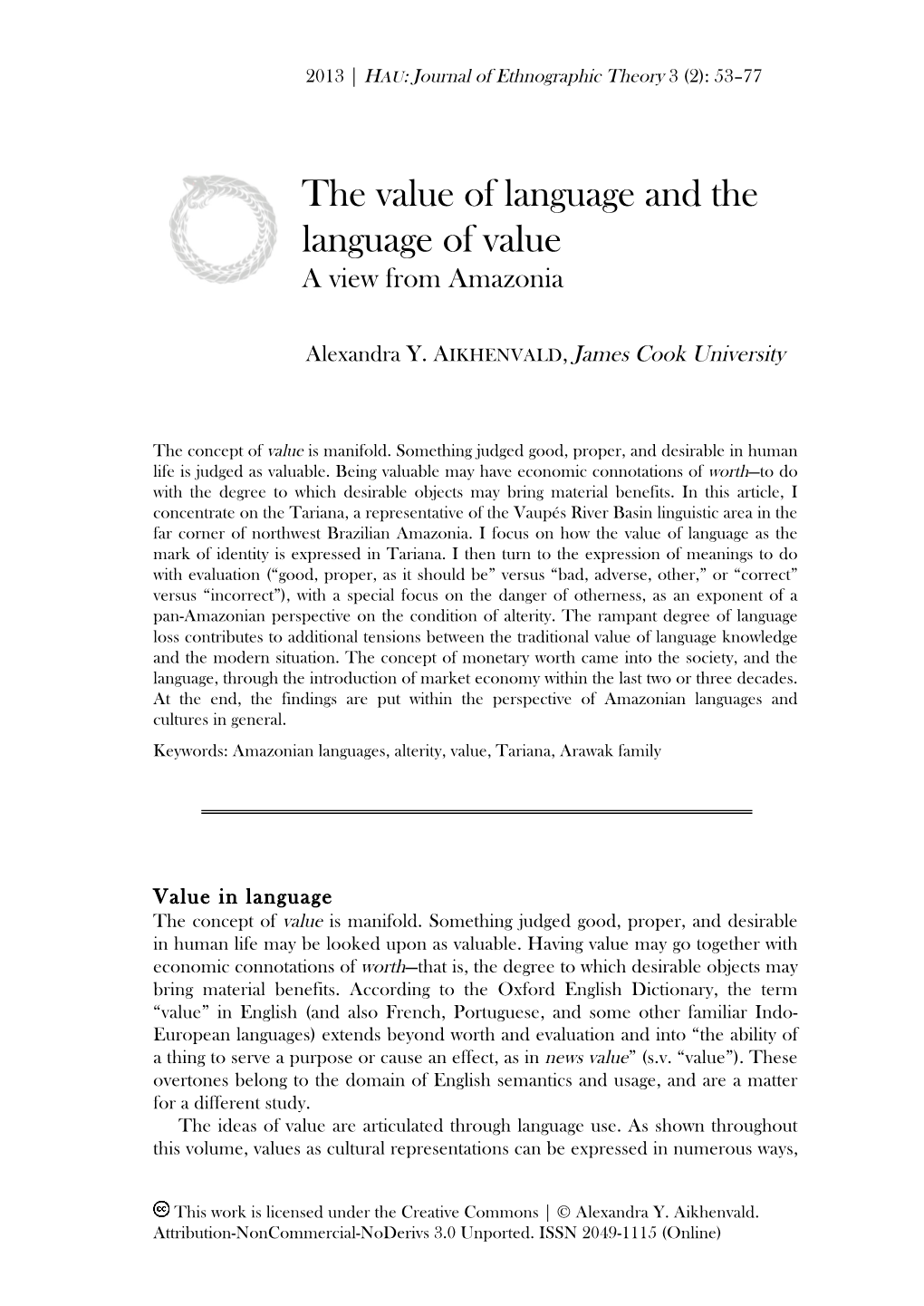 The Value of Language and the Language of Value a View from Amazonia