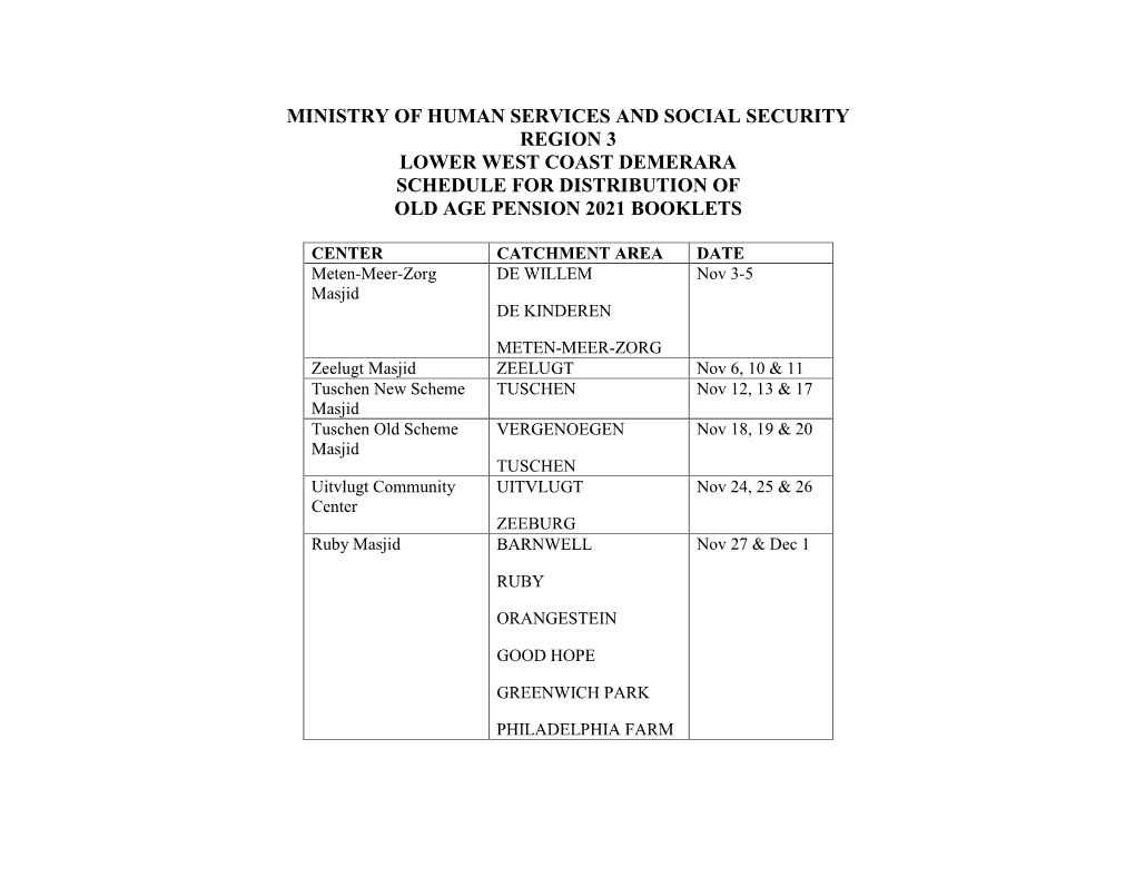 Ministry of Human Services and Social Security Region 3 Lower West Coast Demerara Schedule for Distribution of Old Age Pension 2021 Booklets