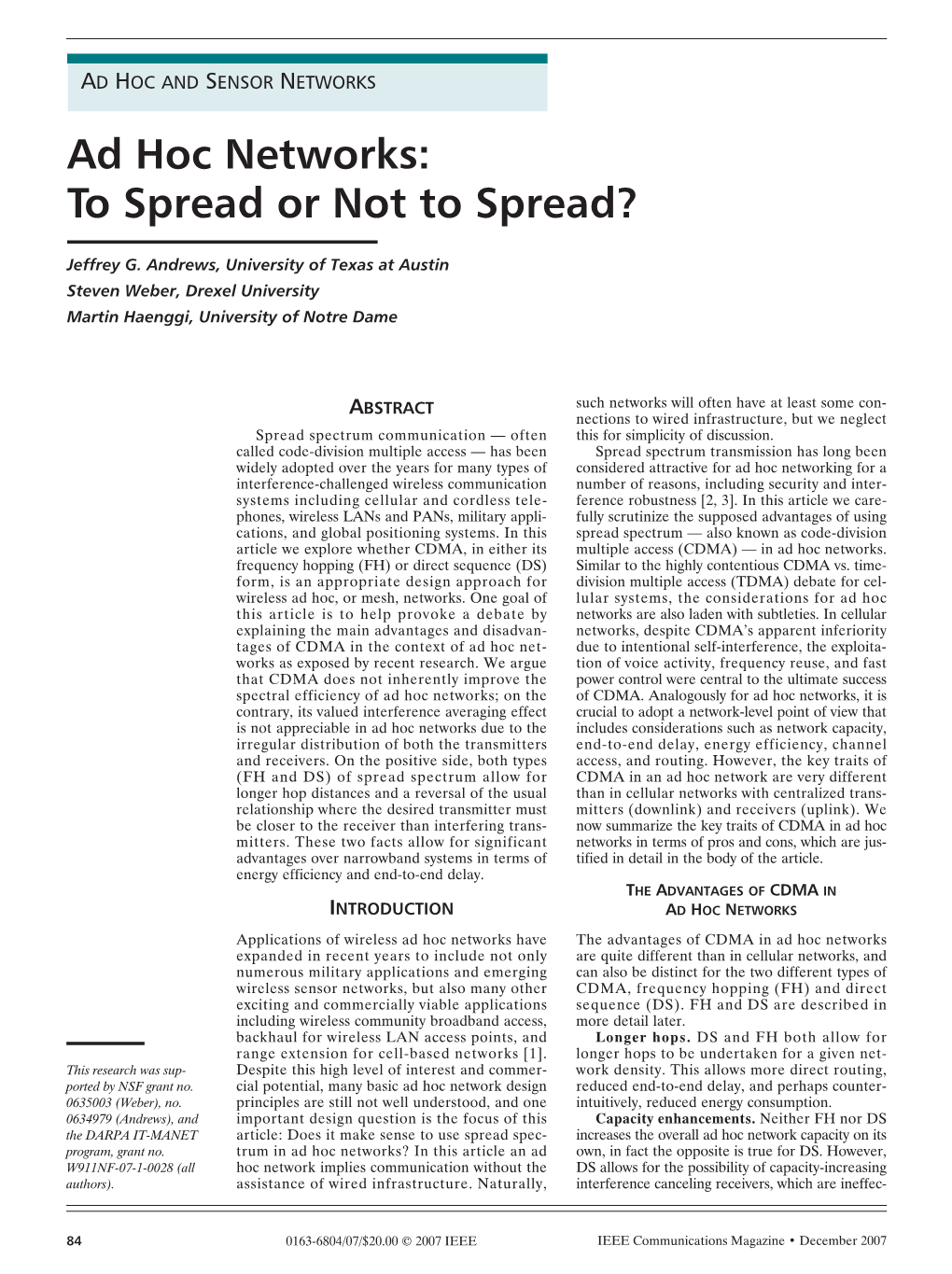 Ad Hoc Networks: to Spread Or Not to Spread?