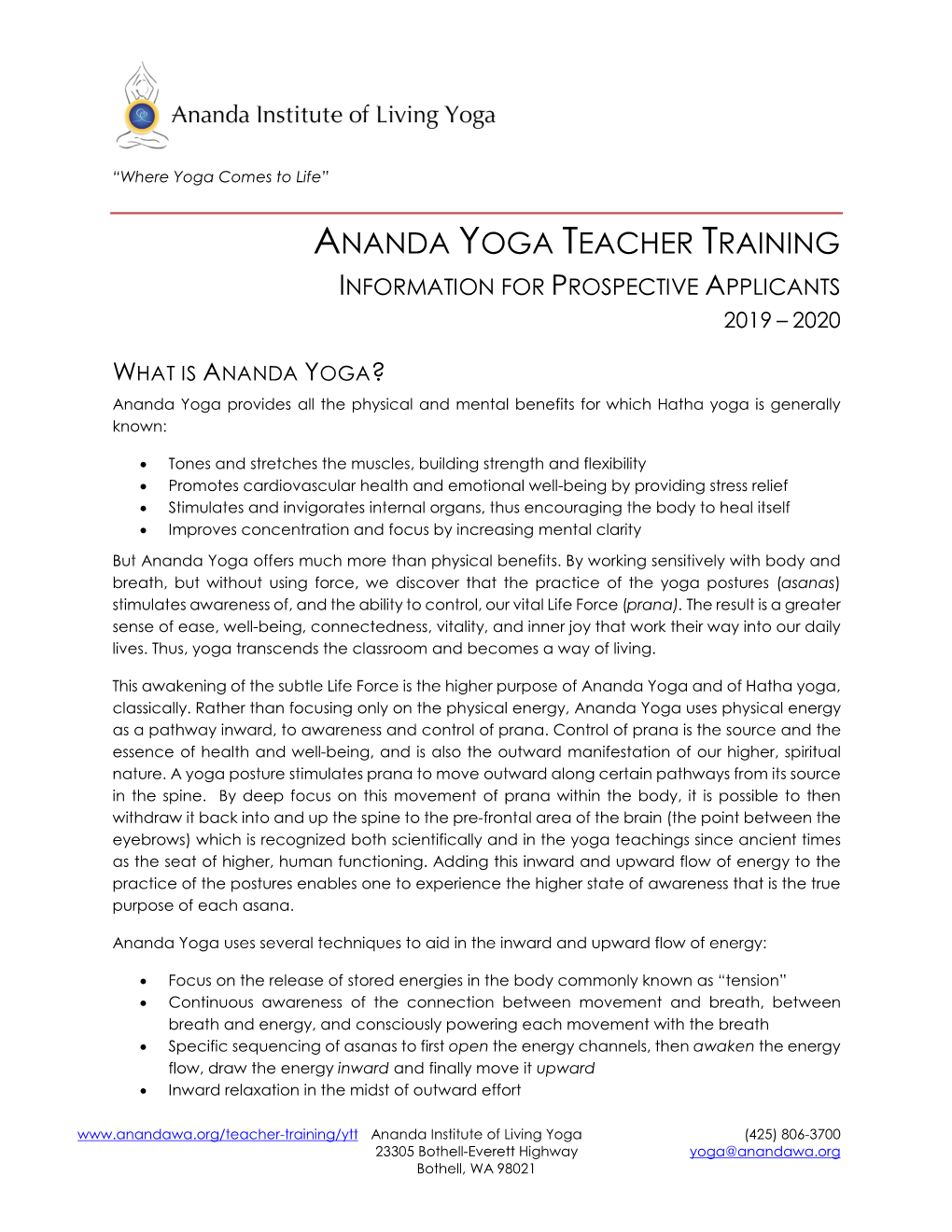 Ananda Yoga Teacher Training Information for Prospective Applicants 2019 – 2020