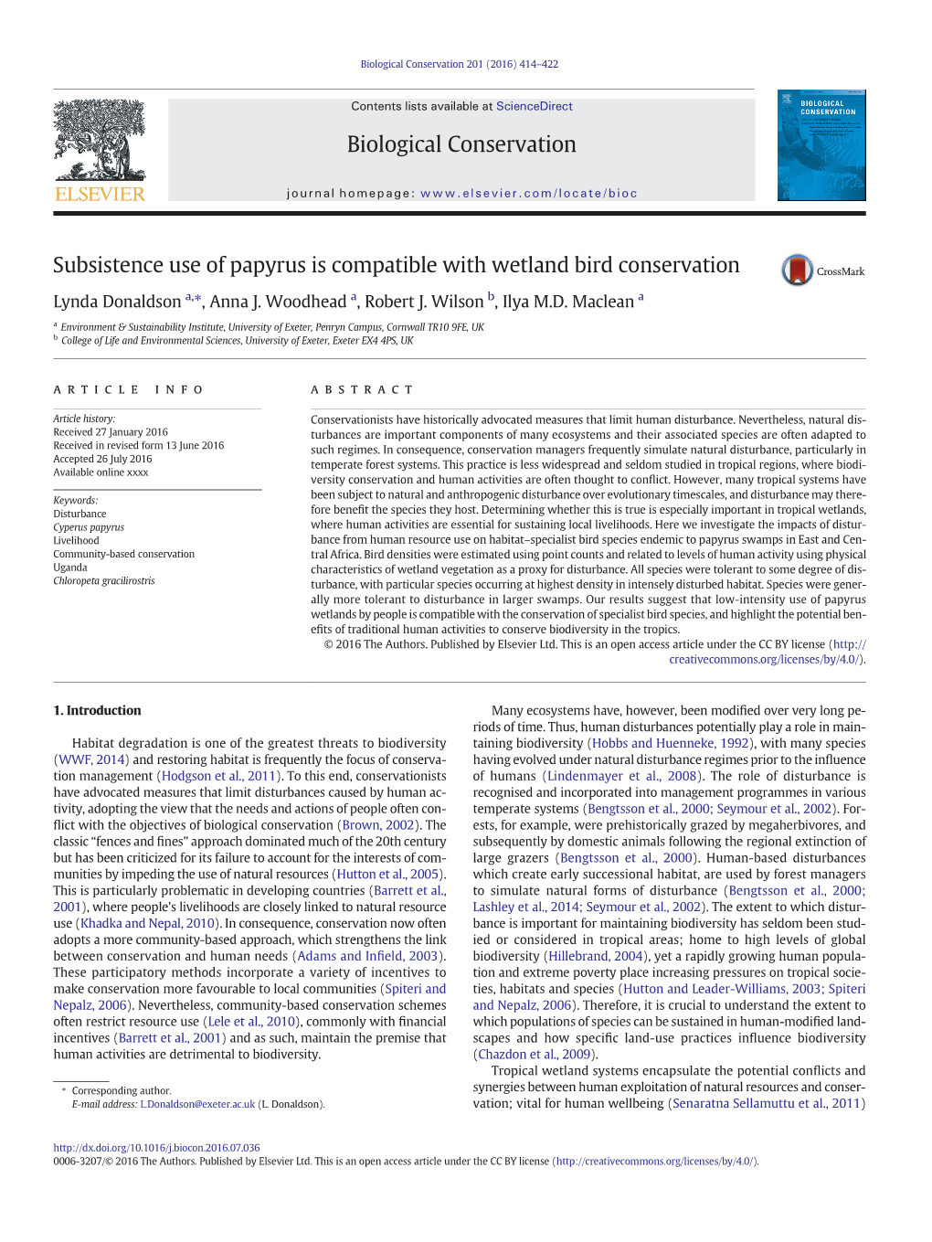 Subsistence Use of Papyrus Is Compatible with Wetland Bird Conservation