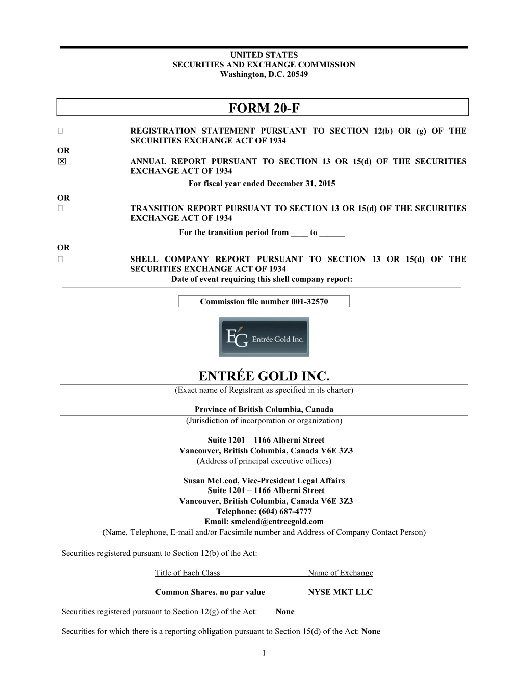 Form 20-F Entrée Gold Inc