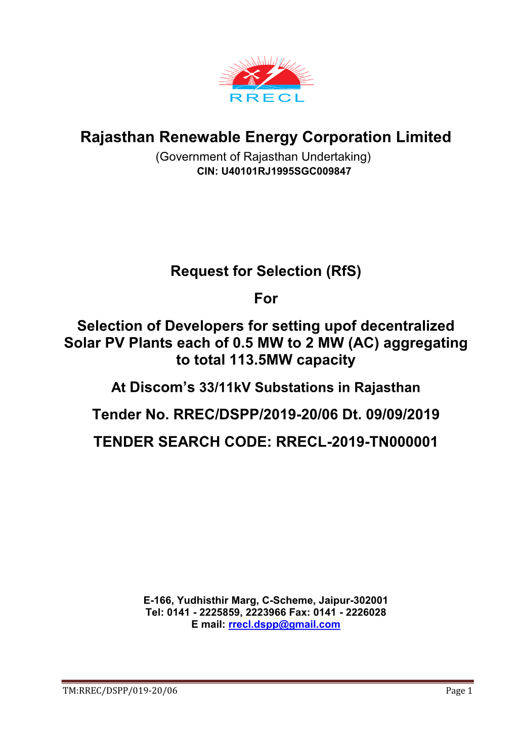 Rajasthan Renewable Energy Corporation Limited (Government of Rajasthan Undertaking) CIN: U40101RJ1995SGC009847