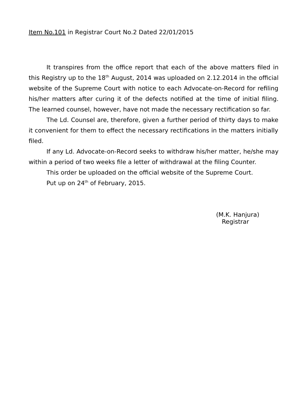 Item No.101 in Registrar Court No.2 Dated 22/01/2015 It Transpires From