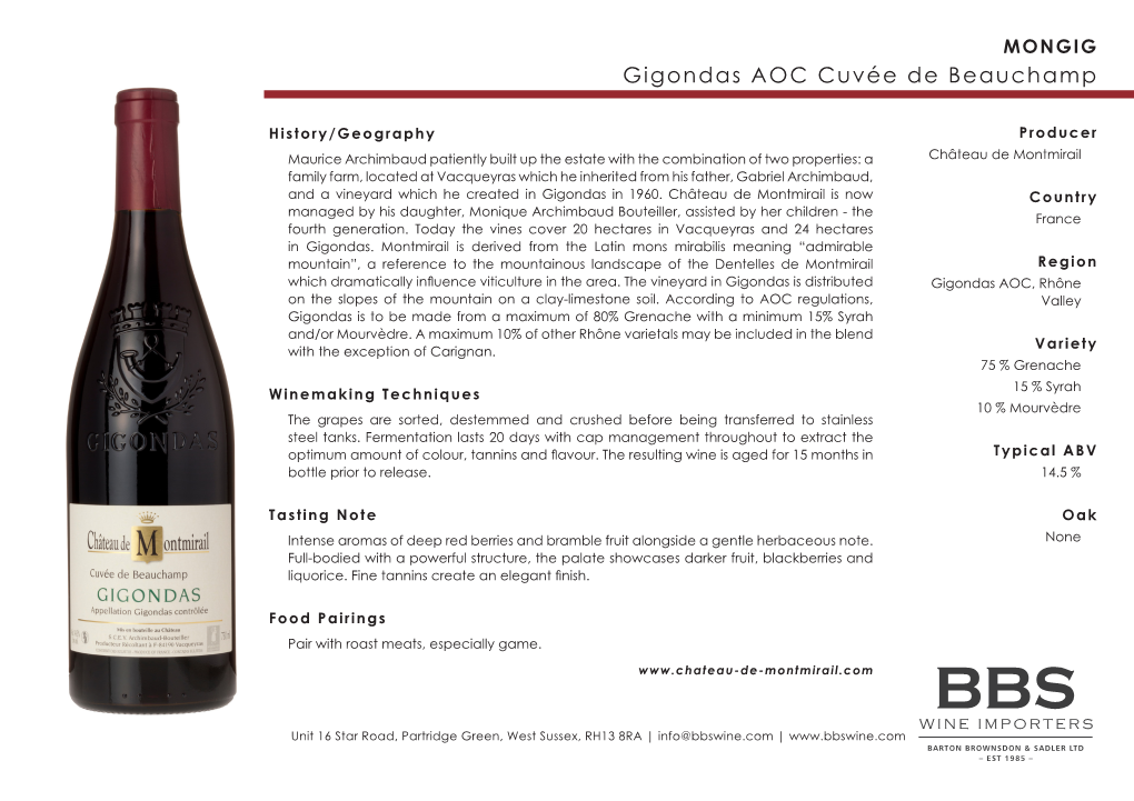 Gigondas AOC Cuvée De Beauchamp