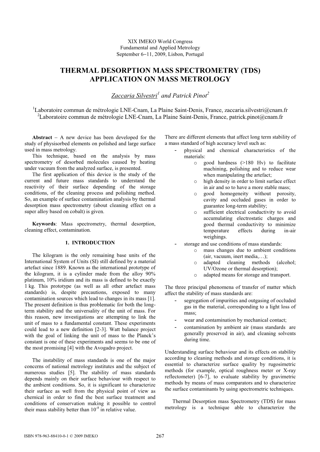 Thermal Desorption Mass Spectrometry (Tds) Application on Mass Metrology