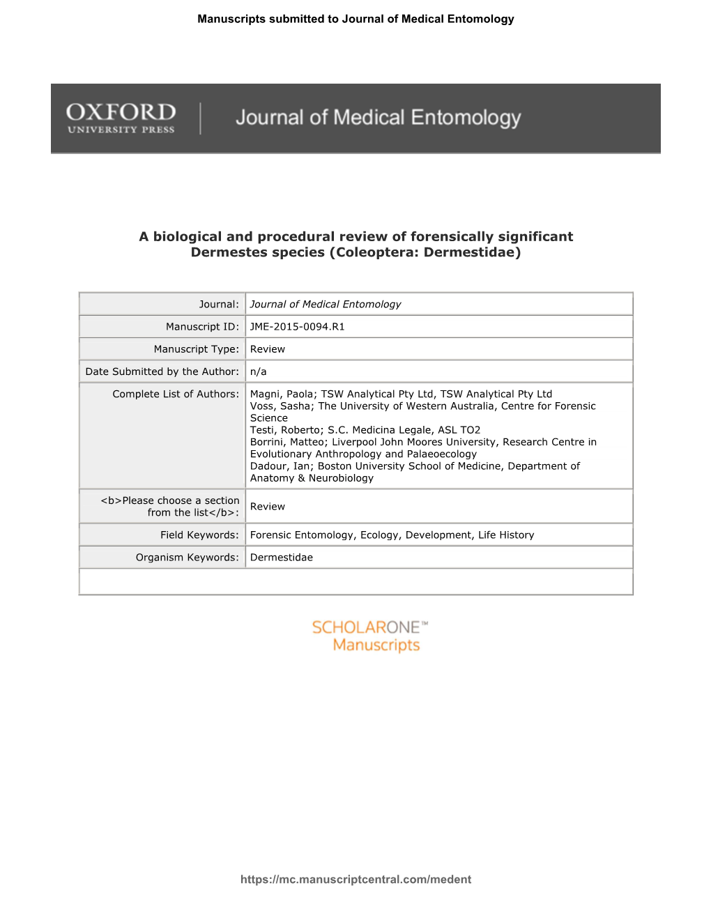 A Biological and Procedural Review of Forensically Significant Dermestes Species (Coleoptera: Dermestidae)