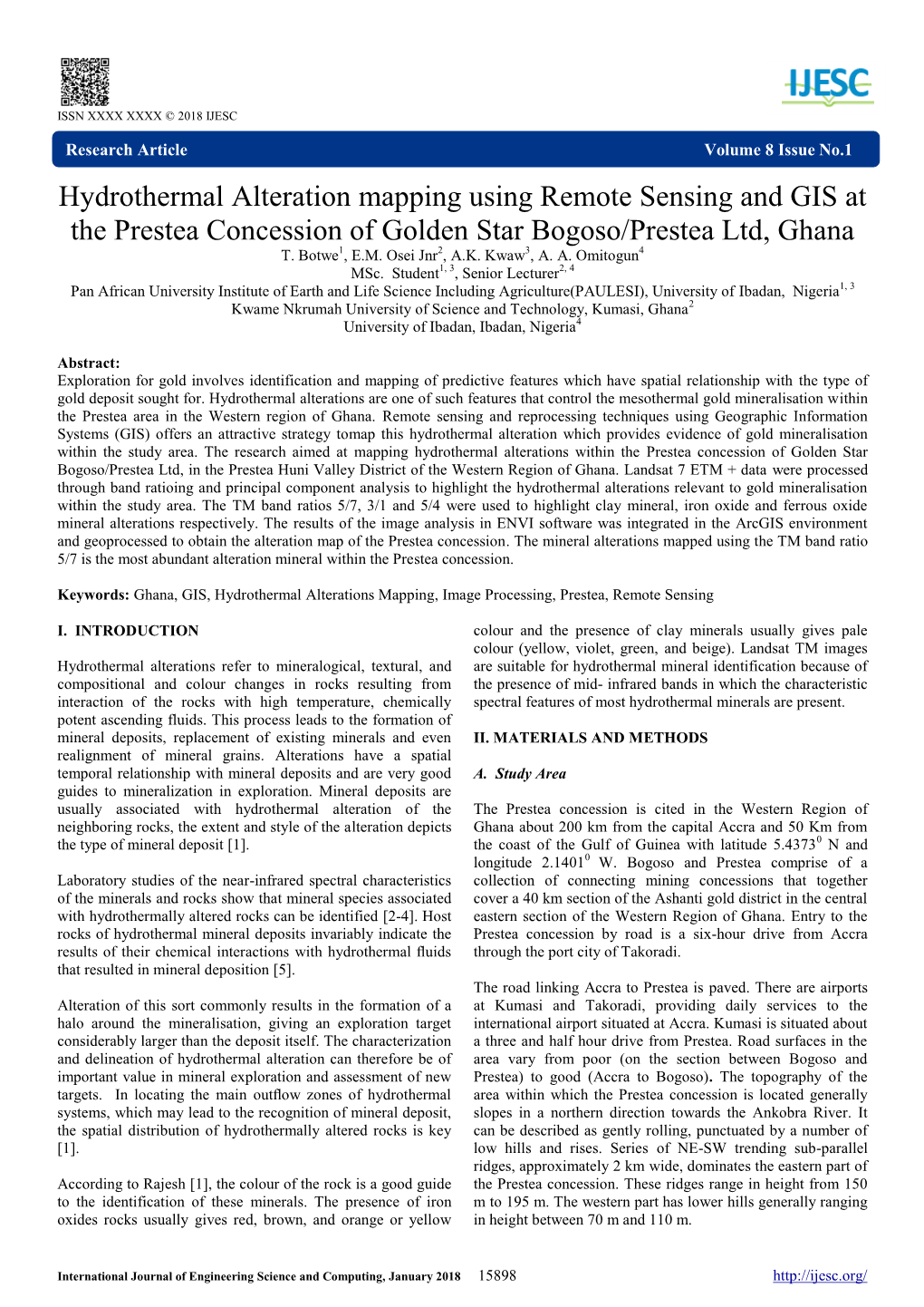 Hydrothermal Alteration Mapping Using Remote Sensing and GIS at the Prestea Concession of Golden Star Bogoso/Prestea Ltd, Ghana T