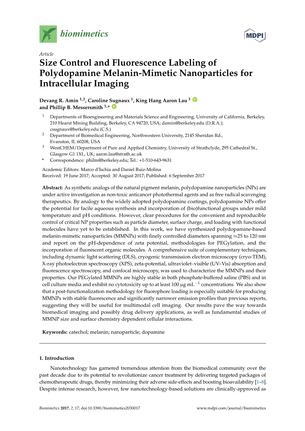 Size Control and Fluorescence Labeling of Polydopamine Melanin-Mimetic Nanoparticles for Intracellular Imaging