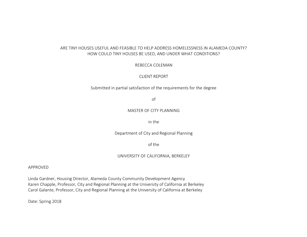 Tiny Houses Useful and Feasible to Help Address Homelessness in Alameda County? How Could Tiny Houses Be Used, and Under What Conditions?