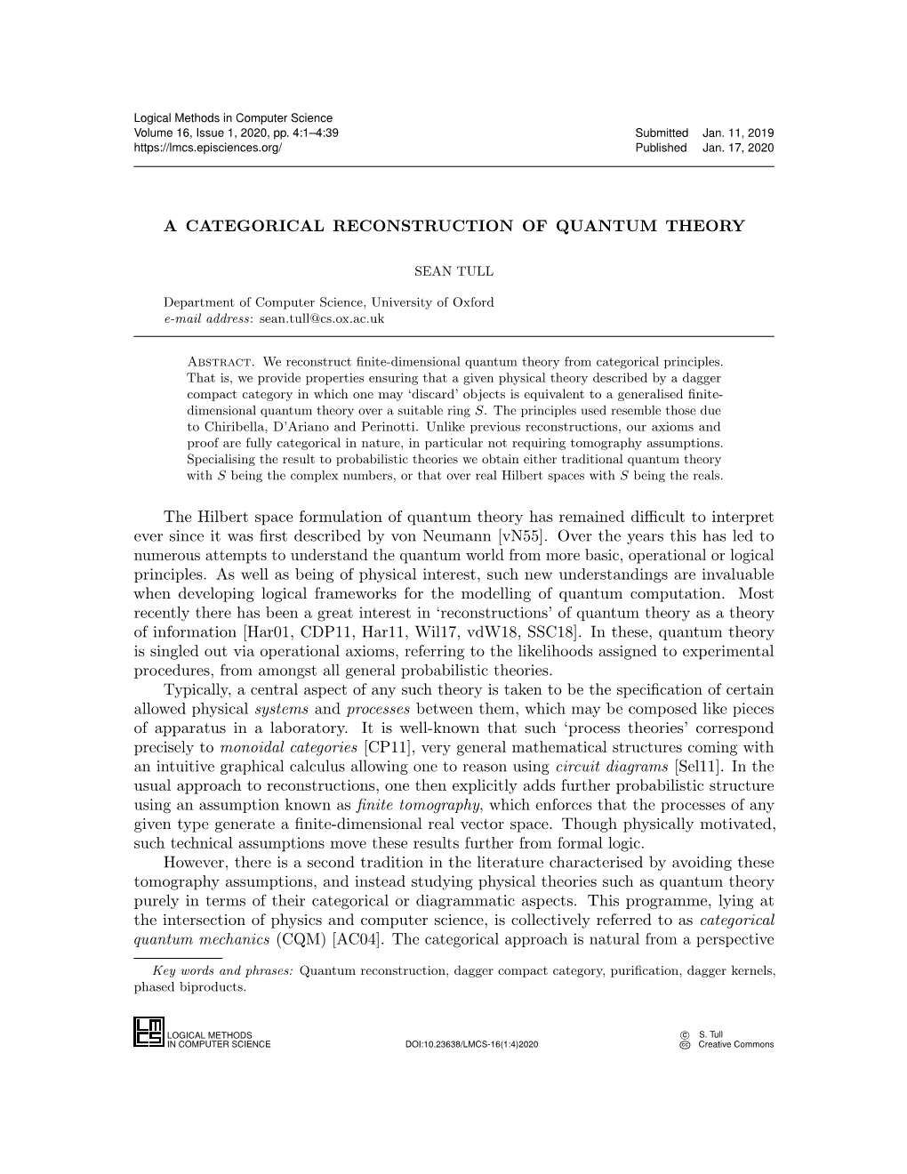 A Categorical Reconstruction of Quantum Theory