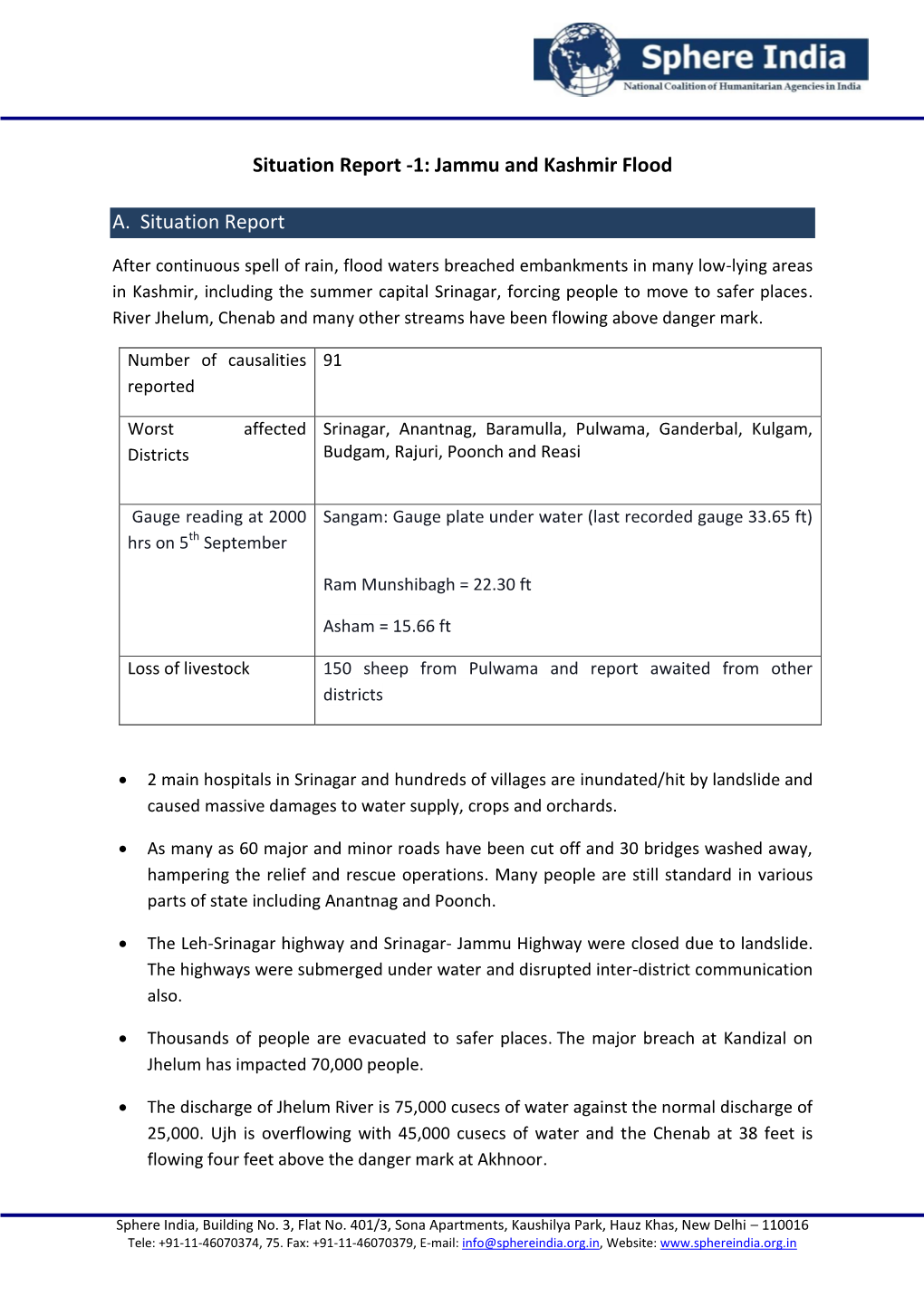 Jammu and Kashmir Flood A. Situation Report