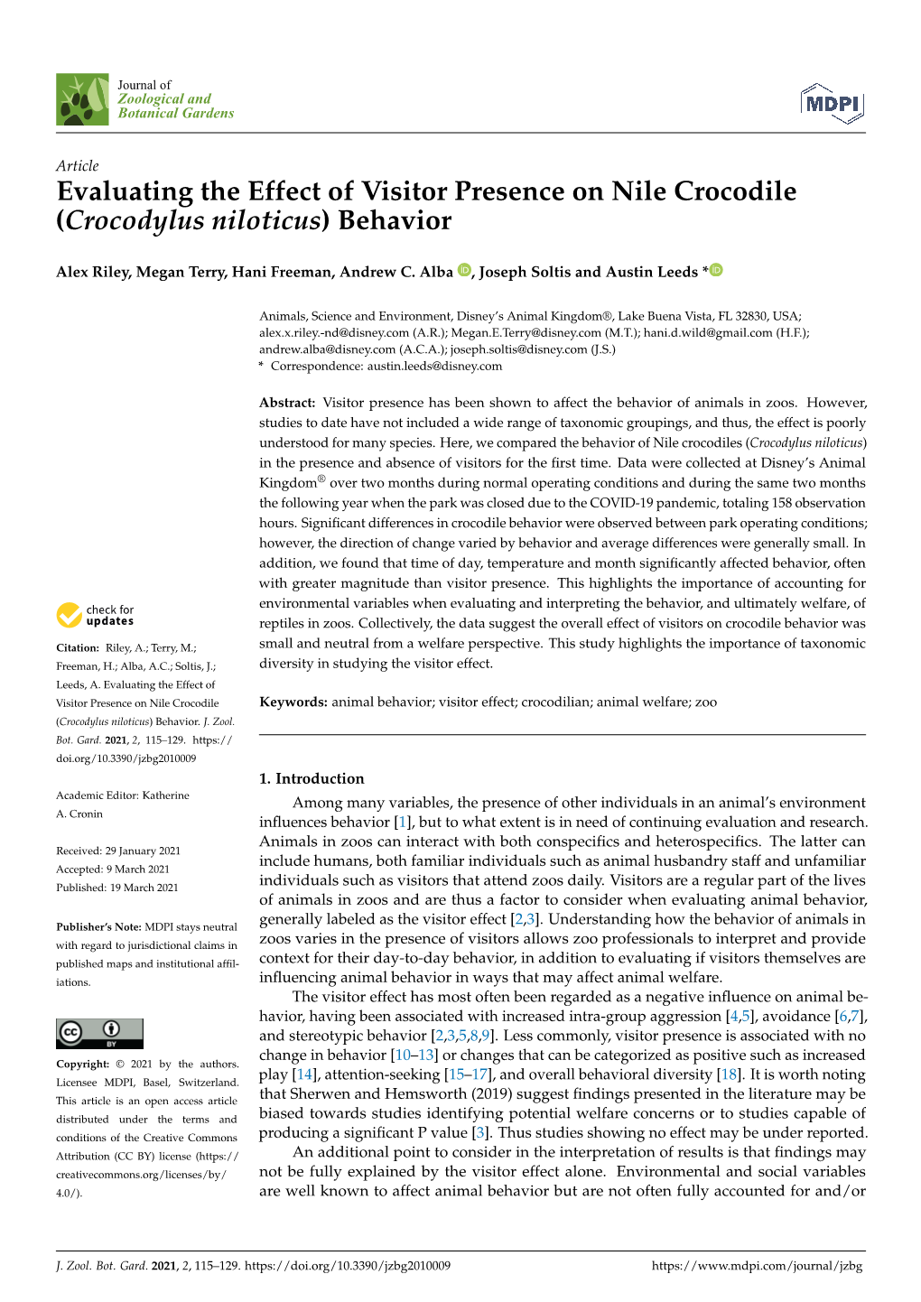 Evaluating the Effect of Visitor Presence on Nile Crocodile (Crocodylus Niloticus) Behavior