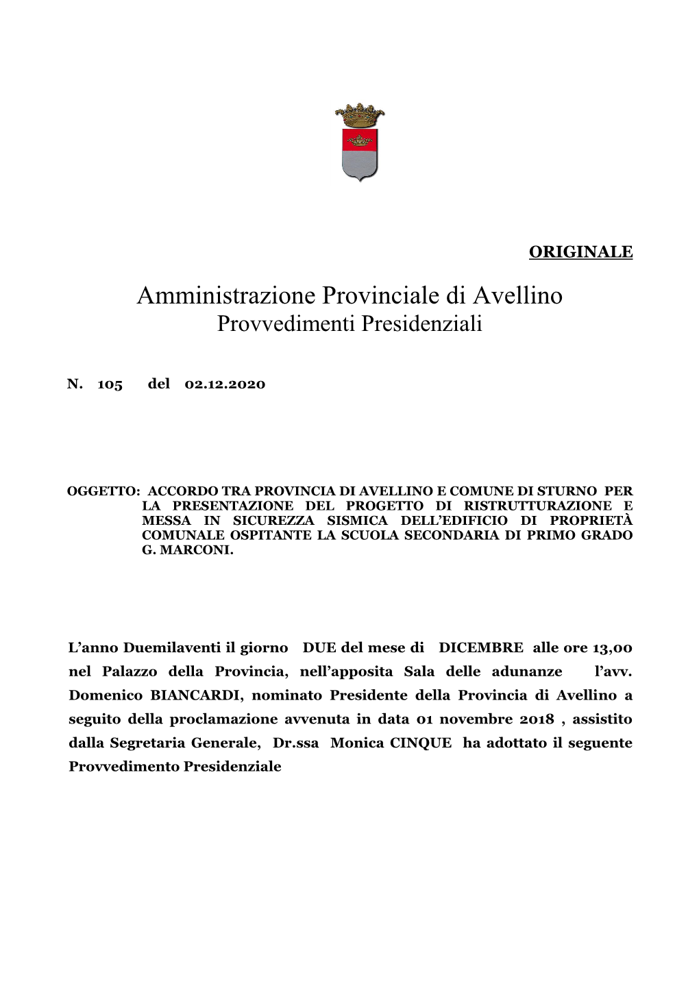 Amministrazione Provinciale Di Avellino Provvedimenti Presidenziali