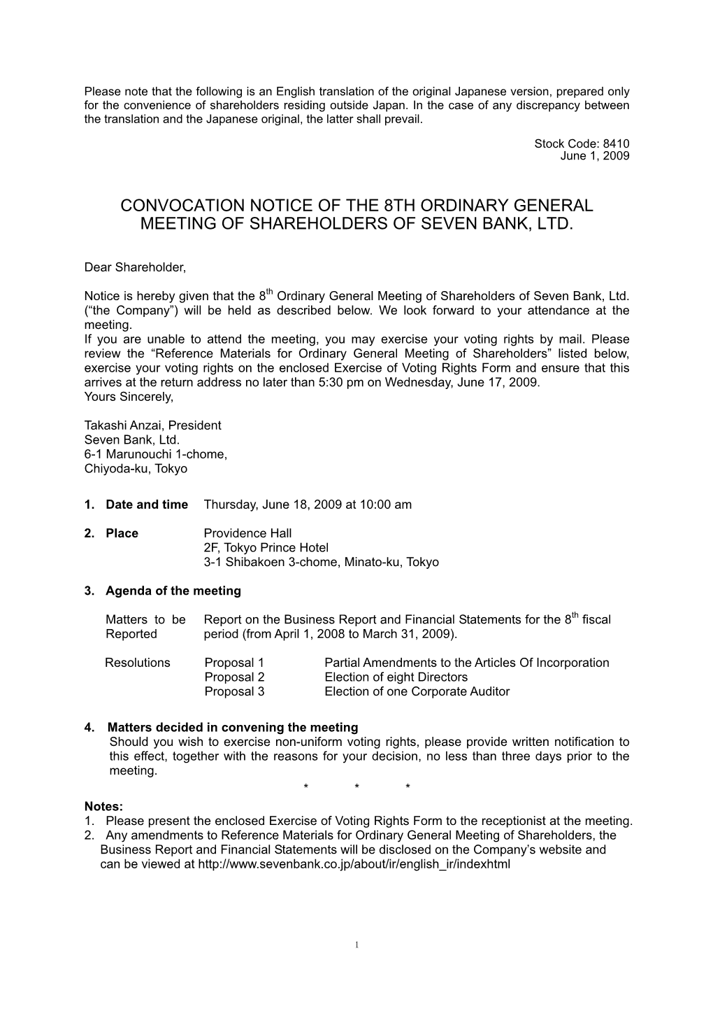 Convocation Notice of the 8Th Ordinary General Meeting of Shareholders of Seven Bank, Ltd