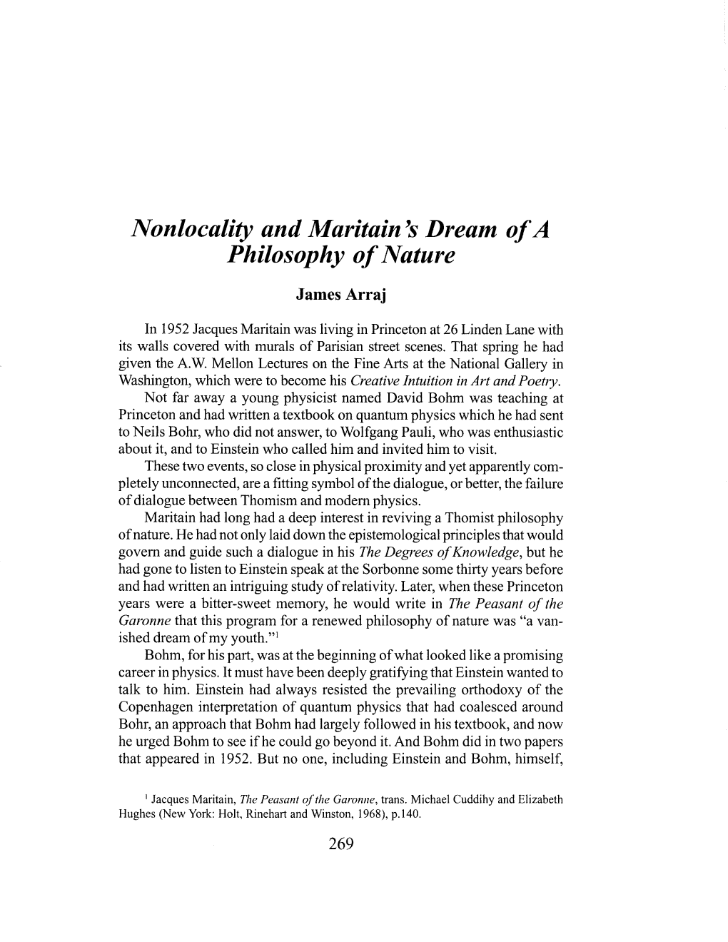 Nonlocality and Maritain 'S Dream of a Philosophy of Nature