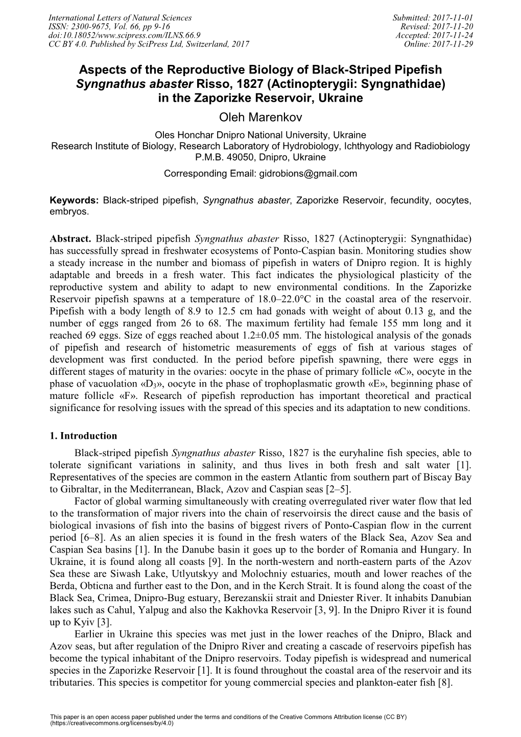 Aspects of the Reproductive Biology of Black-Striped Pipefish Syngnathus