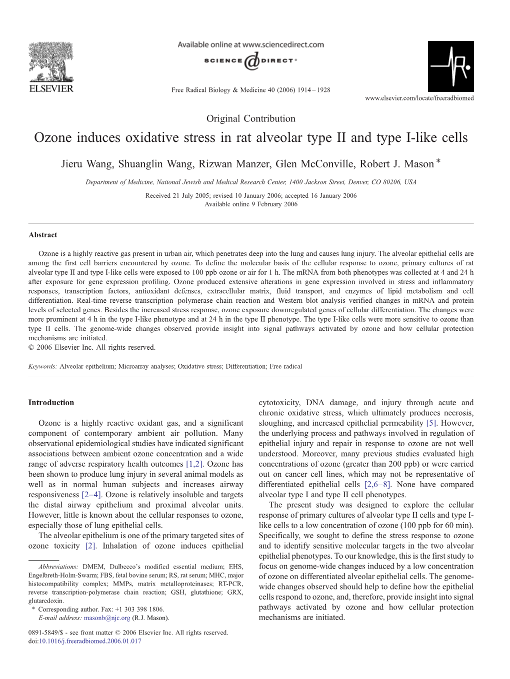 Ozone Induces Oxidative Stress in Rat Alveolar Type II and Type I-Like Cells ⁎ Jieru Wang, Shuanglin Wang, Rizwan Manzer, Glen Mcconville, Robert J