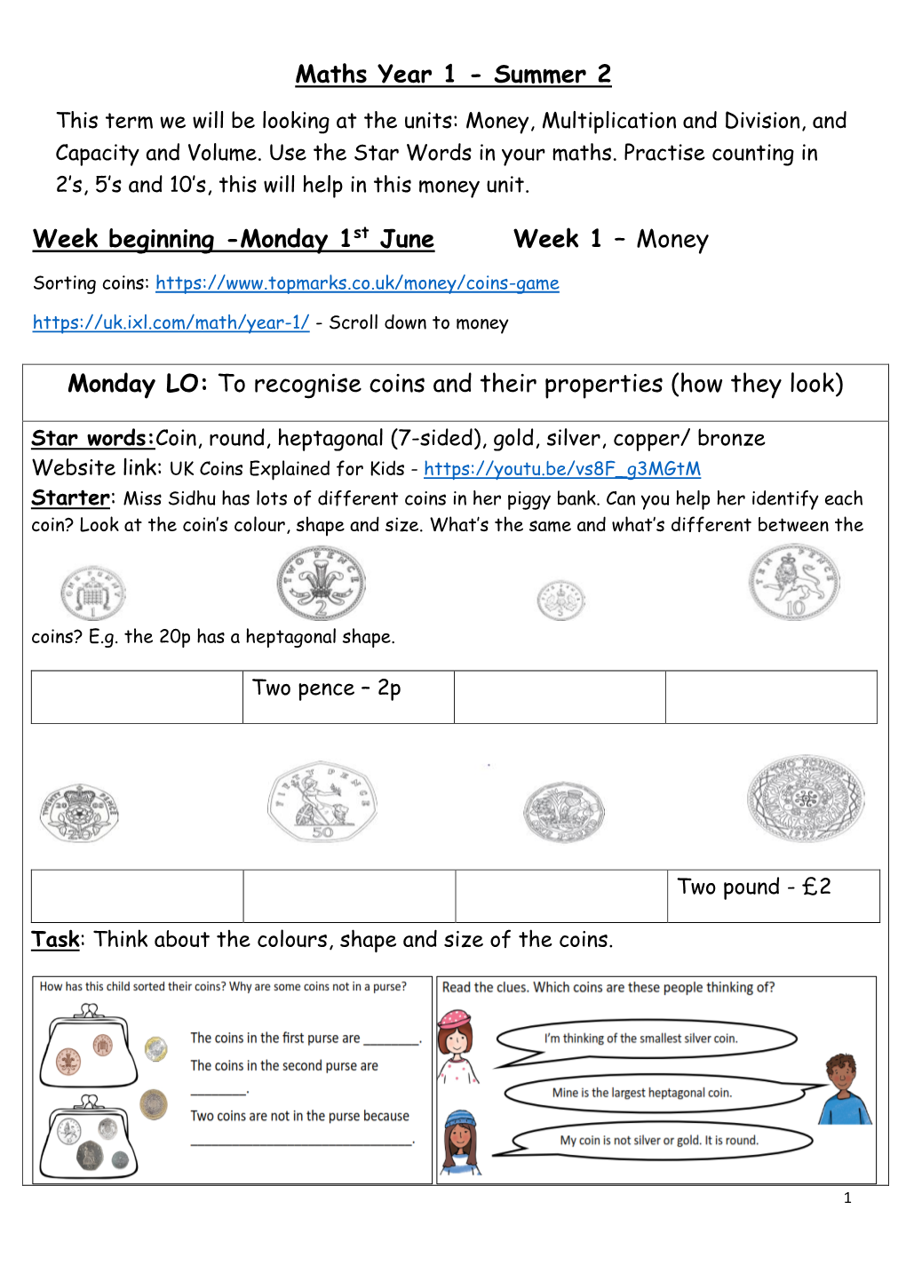 Maths Year 1 - Summer 2